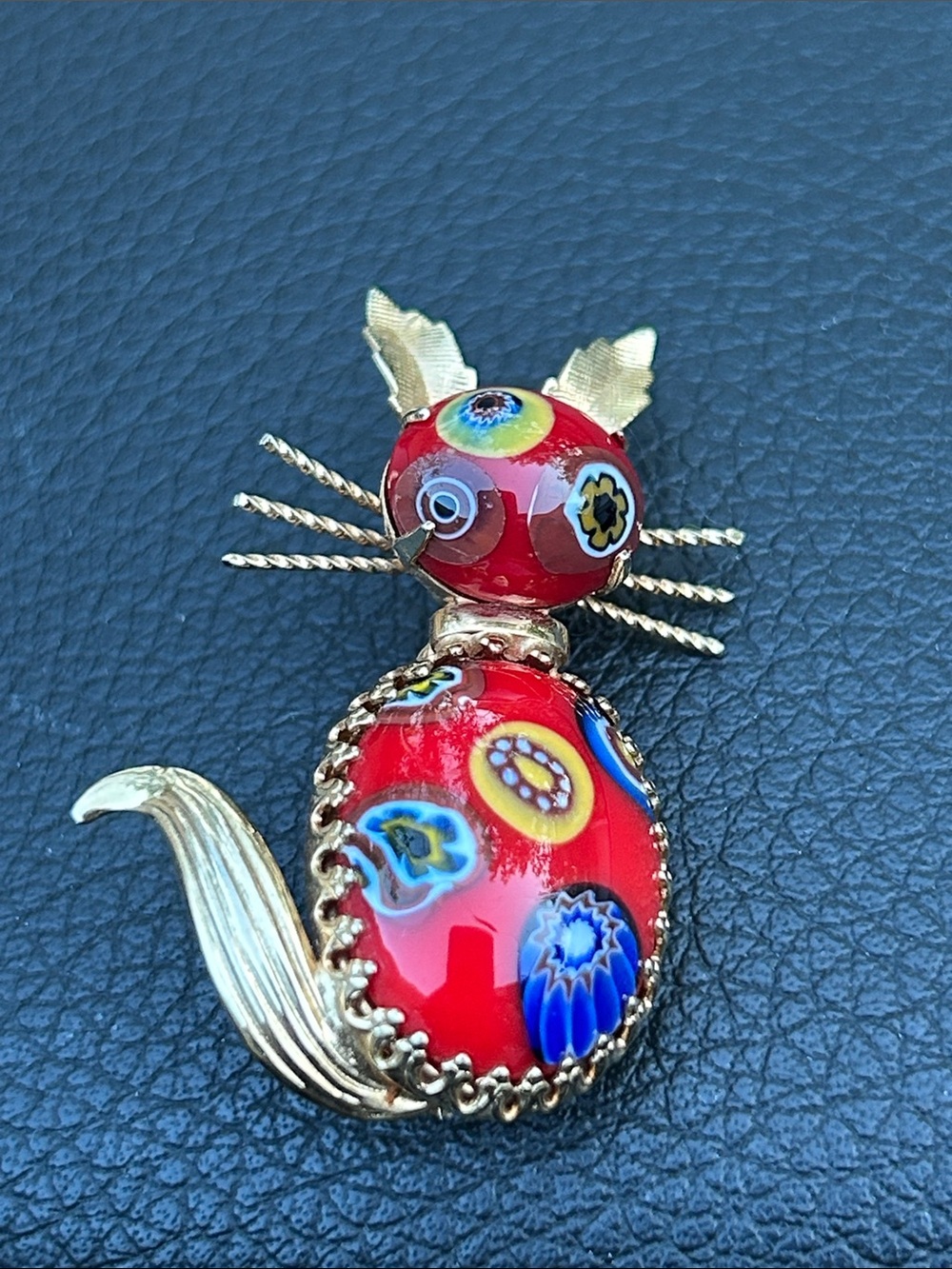 Vintage Red Millefiori Glass Cat Brooch